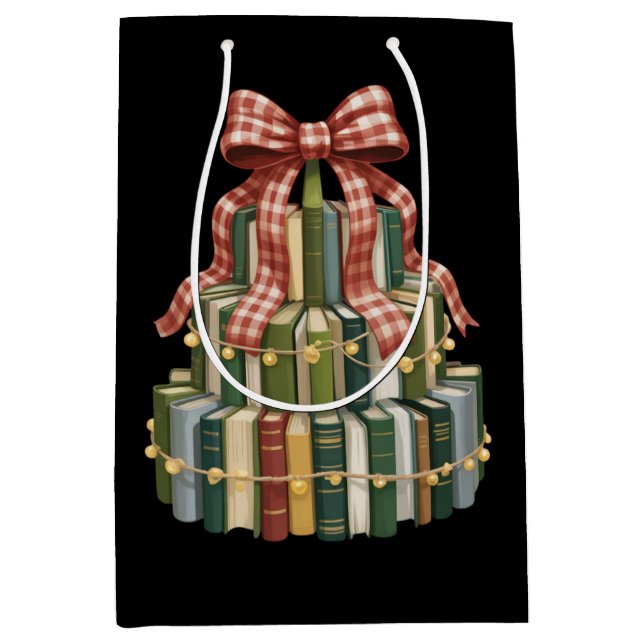 Sacola Para Presentes Média Christmas Book Tree Book Teacher Reading Bookish  (Frente)