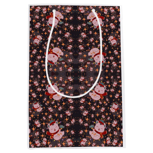 Sacola Para Presentes Média Christmas Cat With Santa Hat (Frente)