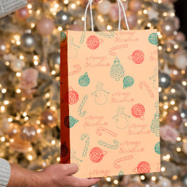 Sacola Para Presentes Média Christmas Doodle Pattern | Snowmen, Trees & Candy