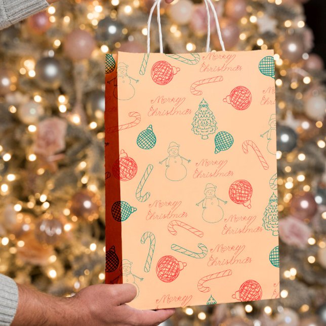 Sacola Para Presentes Média Christmas Doodle Pattern | Snowmen, Trees & Candy  (Criador carregado)