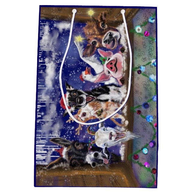 Sacola Para Presentes Média Christmas Gift Bag Funny Farm Animal Party (Verso)