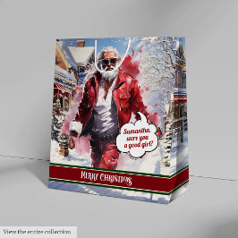 Sacola Para Presentes Média Christmas Gift Bag Modern Santa Claus Monogram