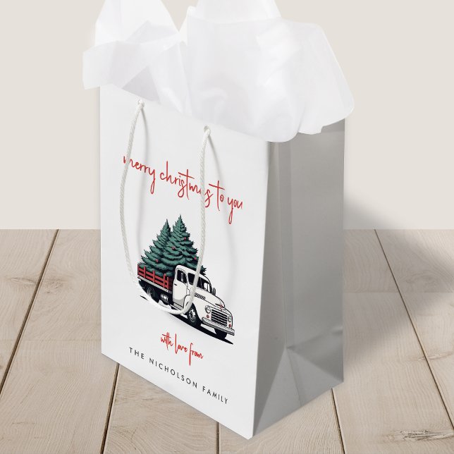 Sacola Para Presentes Média Christmas Gift Bag | Truck Holiday Present Bags (A vintage inspired delivery truck holiday gift bag with retro festive flair)