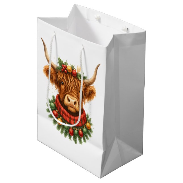 Sacola Para Presentes Média Christmas Highland Cow  (Frente inclinada)