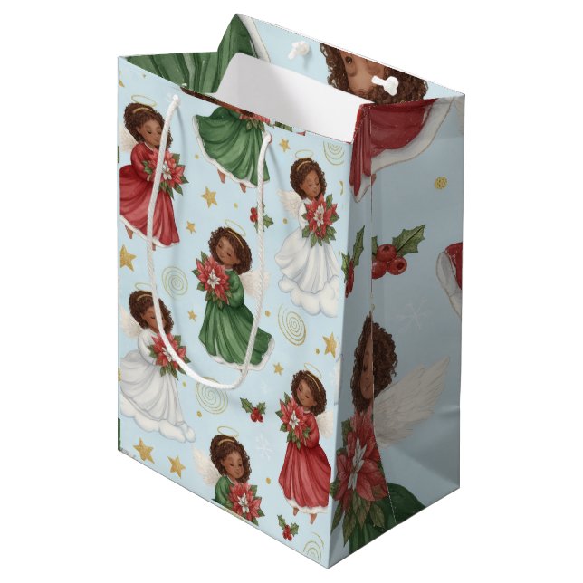 Sacola Para Presentes Média Christmas Poinsettia Angels Wrapping Paper Sheets (Frente inclinada)
