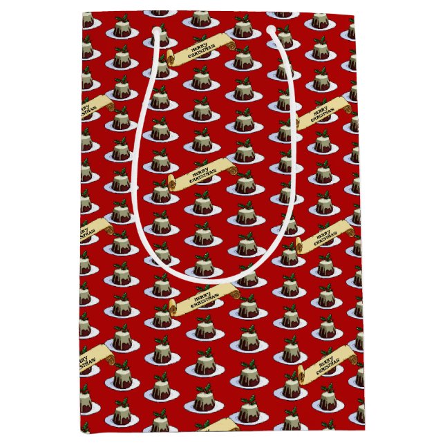 Sacola Para Presentes Média Christmas Pudding Merry Christmas! Holly Pattern (Frente)