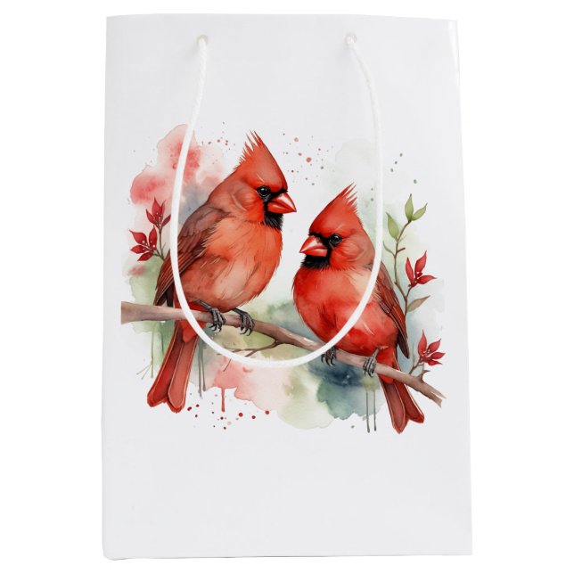 Sacola Para Presentes Média Christmas Red Cardinal Birds Holiday Art (Frente)