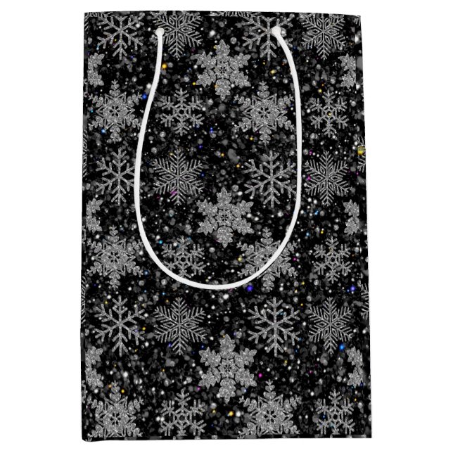 Sacola Para Presentes Média Christmas silver sparkle snow flakes (Frente)
