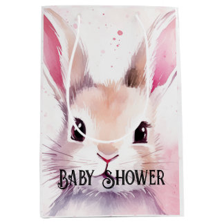 Sacola Para Presentes Média Chuva de Bebê Bunny Cute Watercolor Rosa