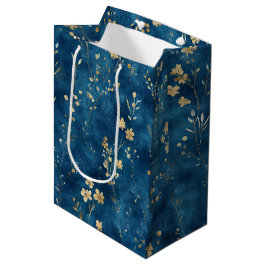 Sacola Para Presentes Média Chuva de Flores Azul Dourado Chá de Noiva