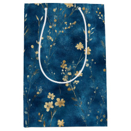 Sacola Para Presentes Média Chuva de Flores Azul Dourado Chá de Noiva