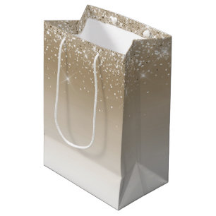 Sacola Para Presentes Média Chuva de Glitter Dourado Creme para Chá de Noiva