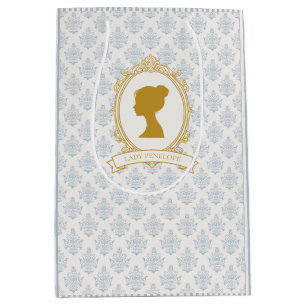 Sacola Para Presentes Média Chuva de Noiva Azul e Dourado Elegante em Damasco
