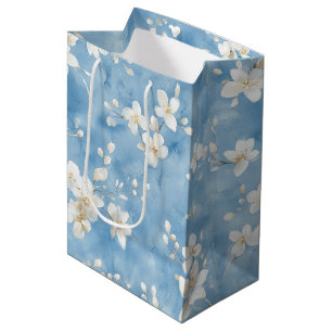 Sacola Para Presentes Média Chuva de Noiva de Flores Brancas Bonitas Azul Cele