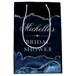 Sacola Para Presentes Média Chuva de Noiva em Mármore com Brilho Azul e Prata 