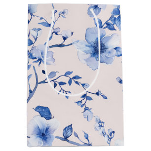 Sacola Para Presentes Média Chuva de Noiva Floral Azul Romântica Bege