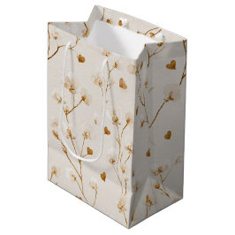 Sacola Para Presentes Média Chuva de Noiva Floral Bege Coração Marrom