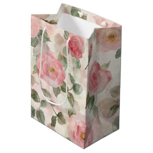 Sacola Para Presentes Média Chuva de Noiva Floral de Rosas Rosa Beijo Romântic