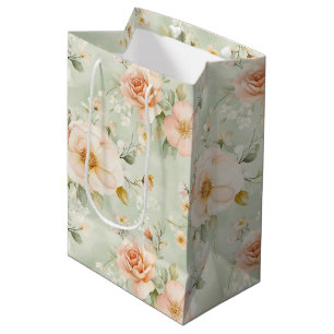 Sacola Para Presentes Média Chuva de Noiva Floral Rosas Lindas Hortelã Pêssego