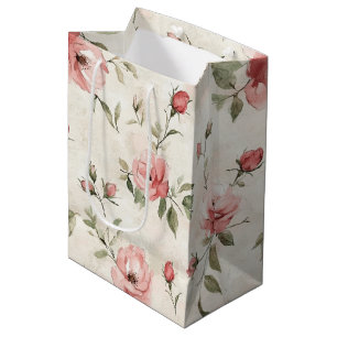 Sacola Para Presentes Média Chuva de Noiva Floral Rosas Rosa Bege Creme
