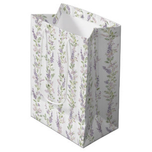 Sacola Para Presentes Média Chuva de Noiva Listras Florais Brancas Lavanda