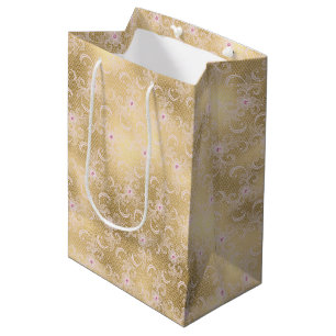 Sacola Para Presentes Média Chuveiro Nupcial Floral de Renda Rosa Bonito Glamo