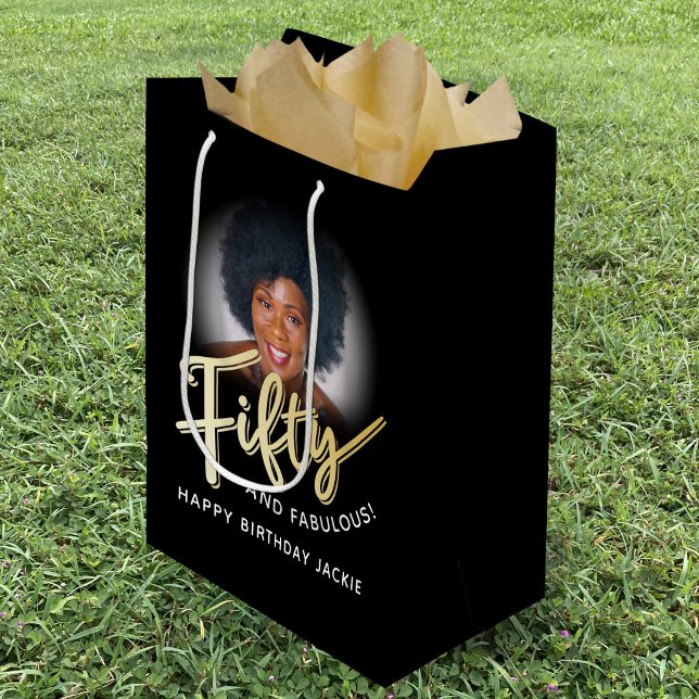 Sacola Para Presentes Média Cinquenta script dourado e foto personalizada de a (Criador carregado)