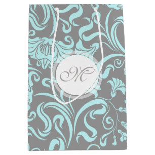 Sacola Para Presentes Média Cinza Azul Vintage Padrão Floral Monograma M Pres