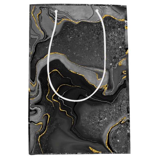 Sacola Para Presentes Média Cinza e design de marmoreamento dourado (Frente)