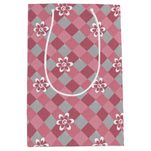 Sacola Para Presentes Média Cinza e xadrez cor-de-rosa com flores camomilares