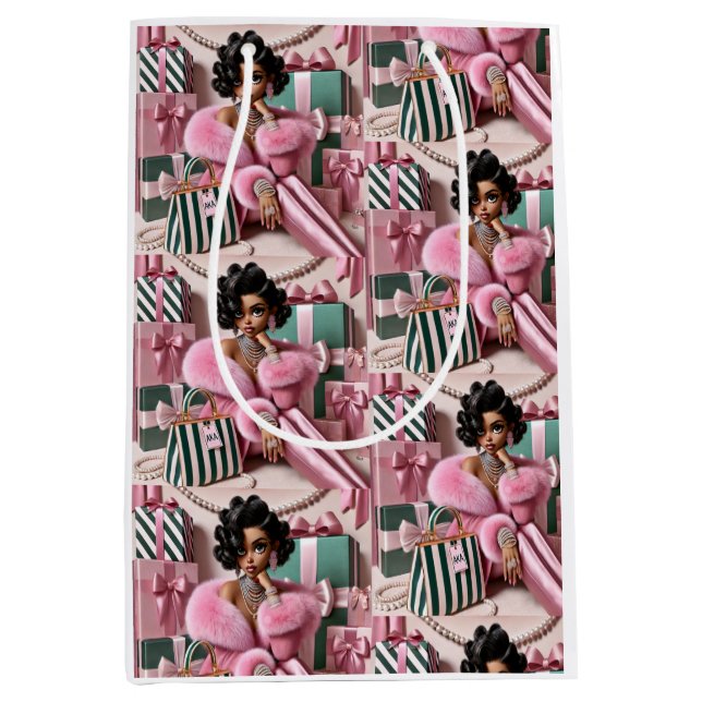 Sacola Para Presentes Média Cinza Rosa E Verde (Frente)