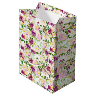 Sacola Para Presentes Média Cinza Rosa Pêssego Púrpura Borgona Aquarela Floral