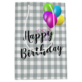 Sacola Para Presentes Média Cinzas de aniversário e Gingham Branco