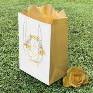 Sacola Para Presentes Média Cinzas e obrigados de monograma de rosas amarelas
