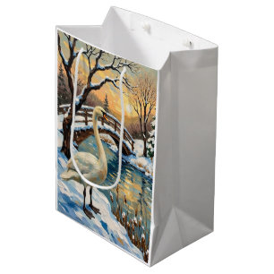 Sacola Para Presentes Média Cisne Vintage por Pintura de Natal da Ponte Nevada