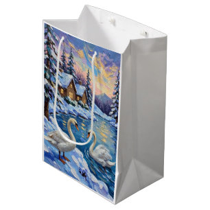 Sacola Para Presentes Média Cisnes Antigos em uma Pintura de Natal de Lago de