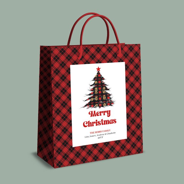 Sacola Para Presentes Média Classic buffalo plaid Christmas bag editable name (Classic buffalo plaid Christmas bag editable name)