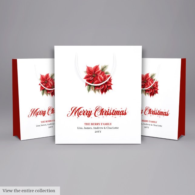 Sacola Para Presentes Média Classic Christmas Poinsettia Botanical Holiday Bag (Classic Christmas Poinsettia Botanical Holiday Bag)