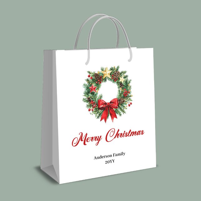 Sacola Para Presentes Média Classic Christmas wreath gift bag custom lettering (Classic Christmas wreath gift bag custom lettering

)