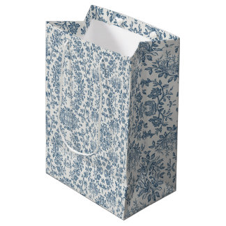 Sacola Para Presentes Média Clássico Francês Vintage Gravado Floral Toile-Azul