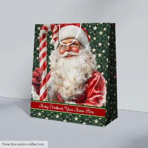 Sacola Para Presentes Média Clássico Vintage Santa Claus Watercolor Candy Cane