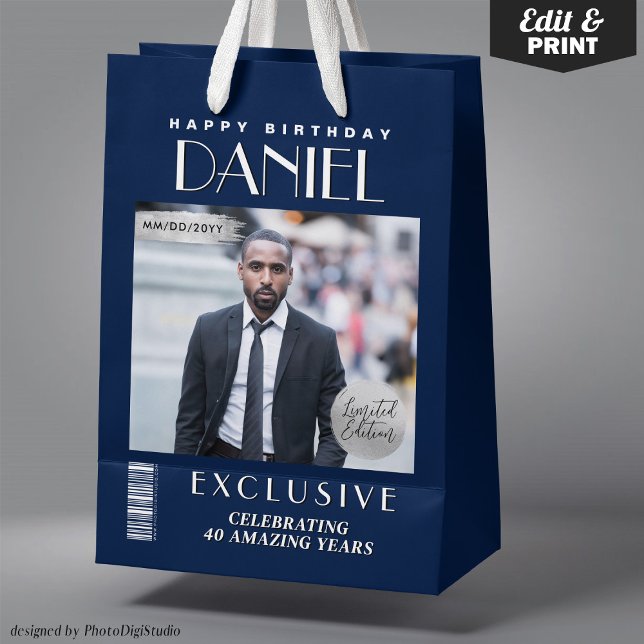 Sacola Para Presentes Média Cobrir de revista personalizada - Saco de presente (Custom Magazine Cover Modern Birthday Gift Bag Navy Blue Silver Gift Bag and Favor Bag)