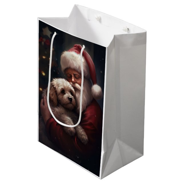 Sacola Para Presentes Média Cockapoo com Papai Noel Natal Festivo (Frente inclinada)