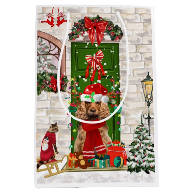 Sacola Para Presentes Média Cocker Spaniel Cachorro Saco de Natal (Frente)