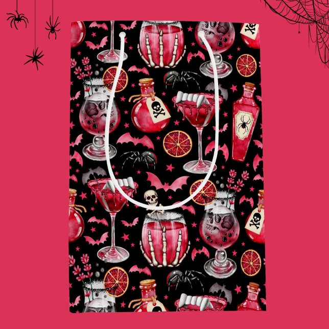 Sacola Para Presentes Média Cocktails e poções do Red e Black Halloween (Red and Black Halloween Cocktails and Potions Medium Gift Bag)