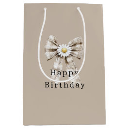 Sacola Para Presentes Média Cocoa Cream White Bow Daisy Flowers Birthday  