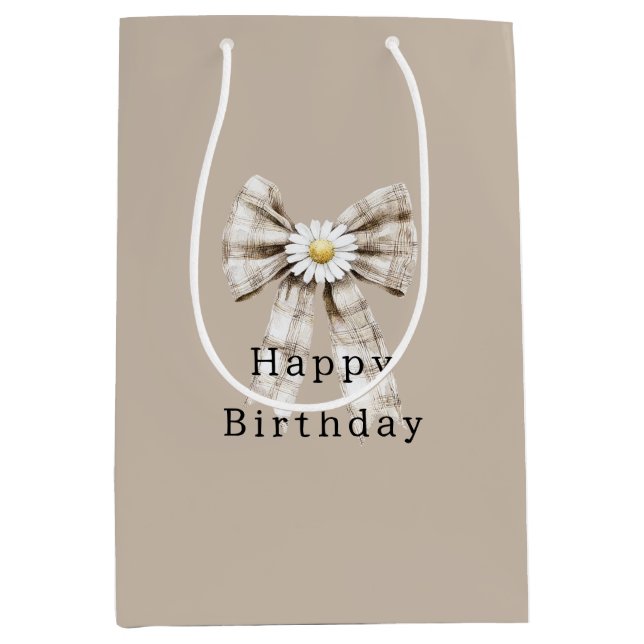 Sacola Para Presentes Média Cocoa Cream White Bow Daisy Flowers Birthday   (Frente)