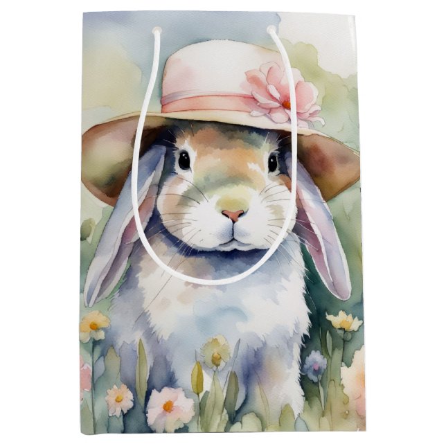 Sacola Para Presentes Média Coelhinho De Aquarela Com Bonnet (Frente)