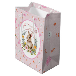 Sacola Para Presentes Média Coelhinho de Aquarela Fofo com Coroa Floral de Pás
