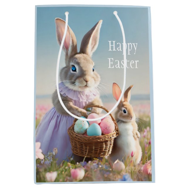 Sacola Para Presentes Média Coelhinho de Páscoa com cesto de ovos de Páscoa (Frente)